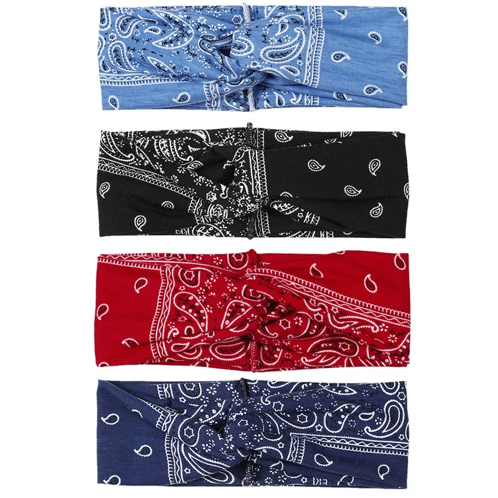 4PCS Boho Headbands for Women,  Vintage Bandana Flower Printed Head Wrap Twisted Hair Accessories