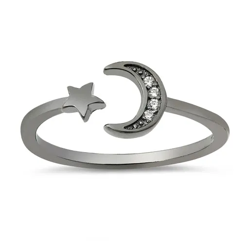 925 Sterling Silver Moon & Star Ring With Clear CZ or Nano Turquoise