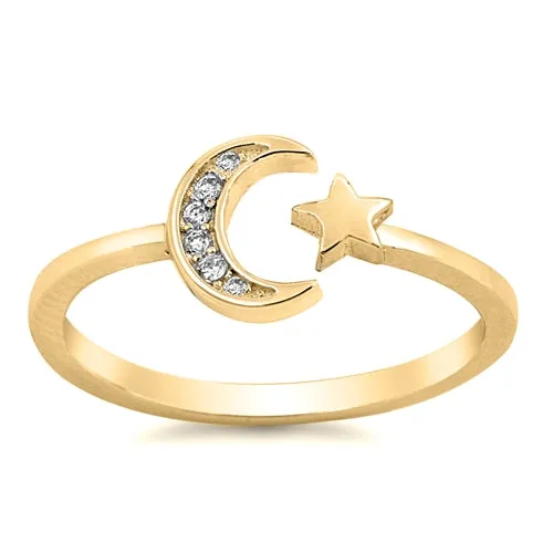 925 Sterling Silver Moon & Star Ring With Clear CZ or Nano Turquoise