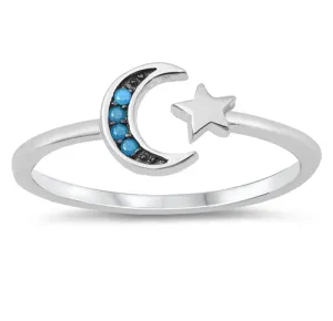 925 Sterling Silver Moon & Star Ring With Clear CZ or Nano Turquoise