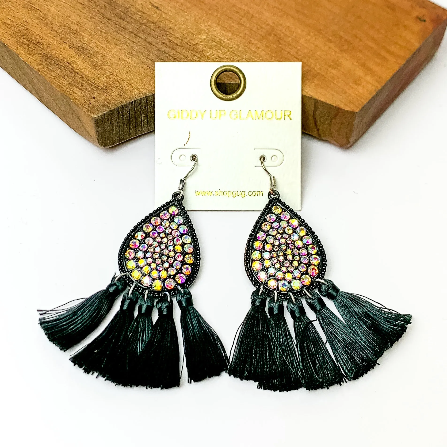 AB Crystal Teardrop Earrings with Tassel Trim in Black