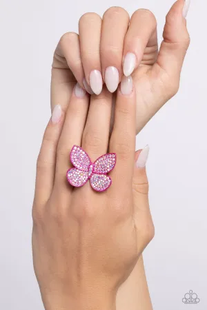 Aerial Ambassador - Pink - Metallic Butterfly Iridescent Rhinestone Paparazzi Ring