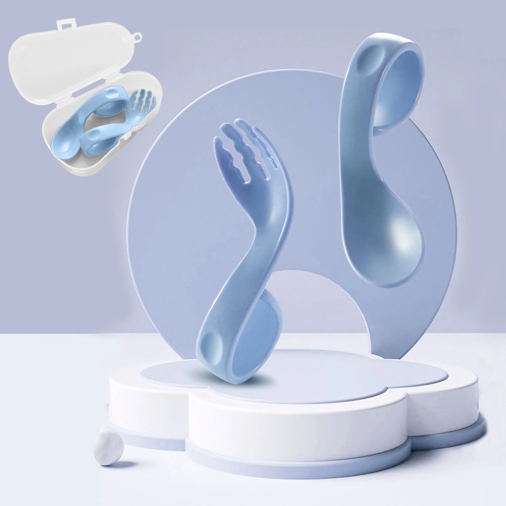 Babymoon Learn to Eat Baby Self Feeding Set | Silicone Spoon and Fork along with Storage Box | Blue