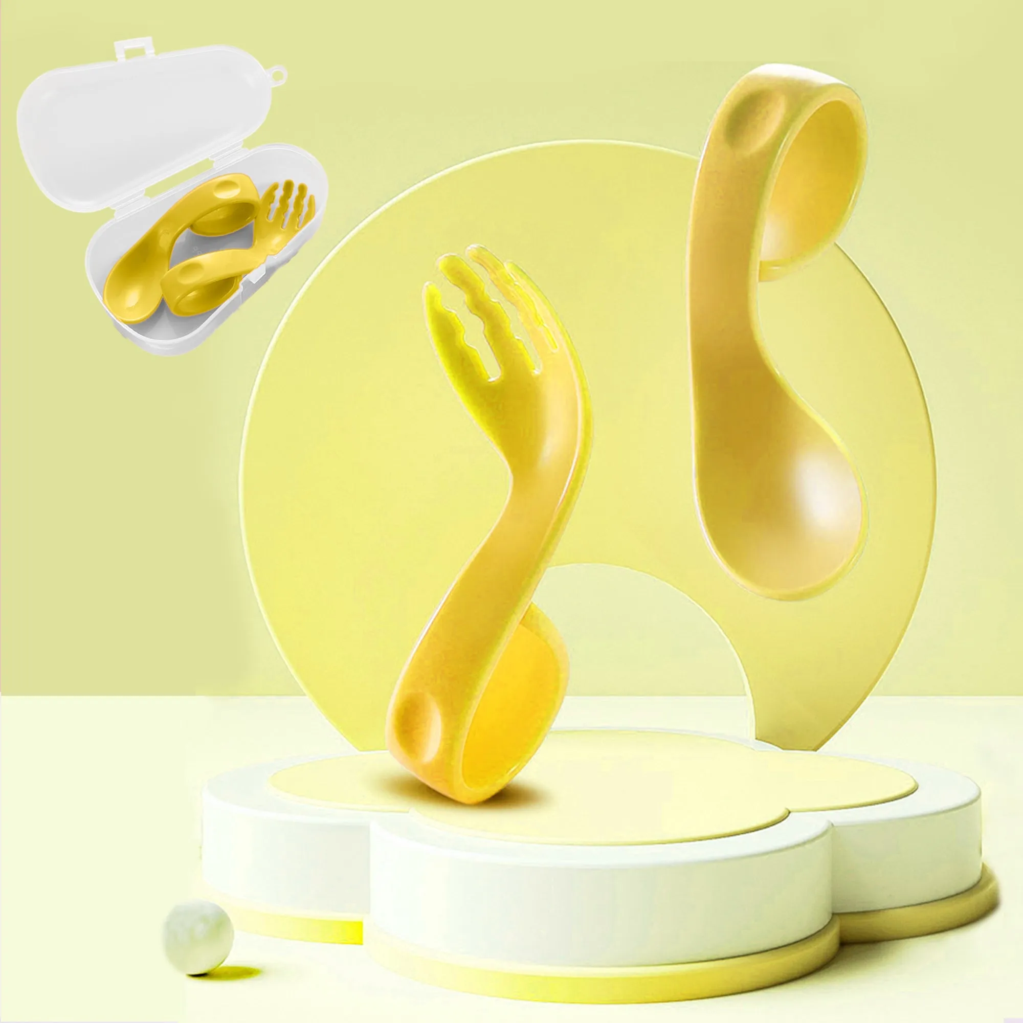 Babymoon Learn to Eat Baby Self Feeding Set | Silicone Spoon and Fork along with Storage Box | Yellow