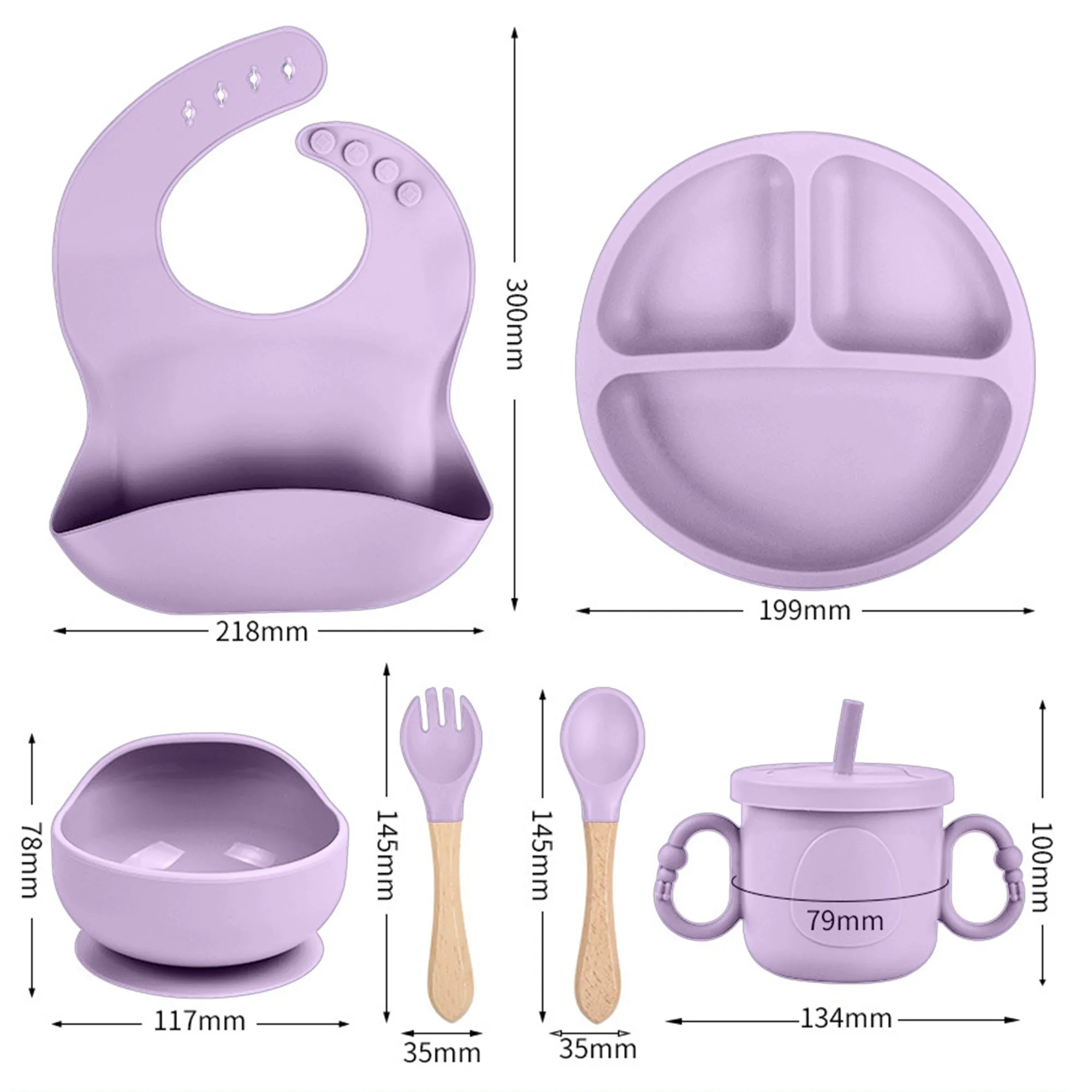 Babymoon Set of 6 | Silicone BPA Free Baby Kids Feeding Dinner Set Gift Box | Dinner Plate | Spoon & Fork | Silicone Bib | Cup | Bowl | Purple