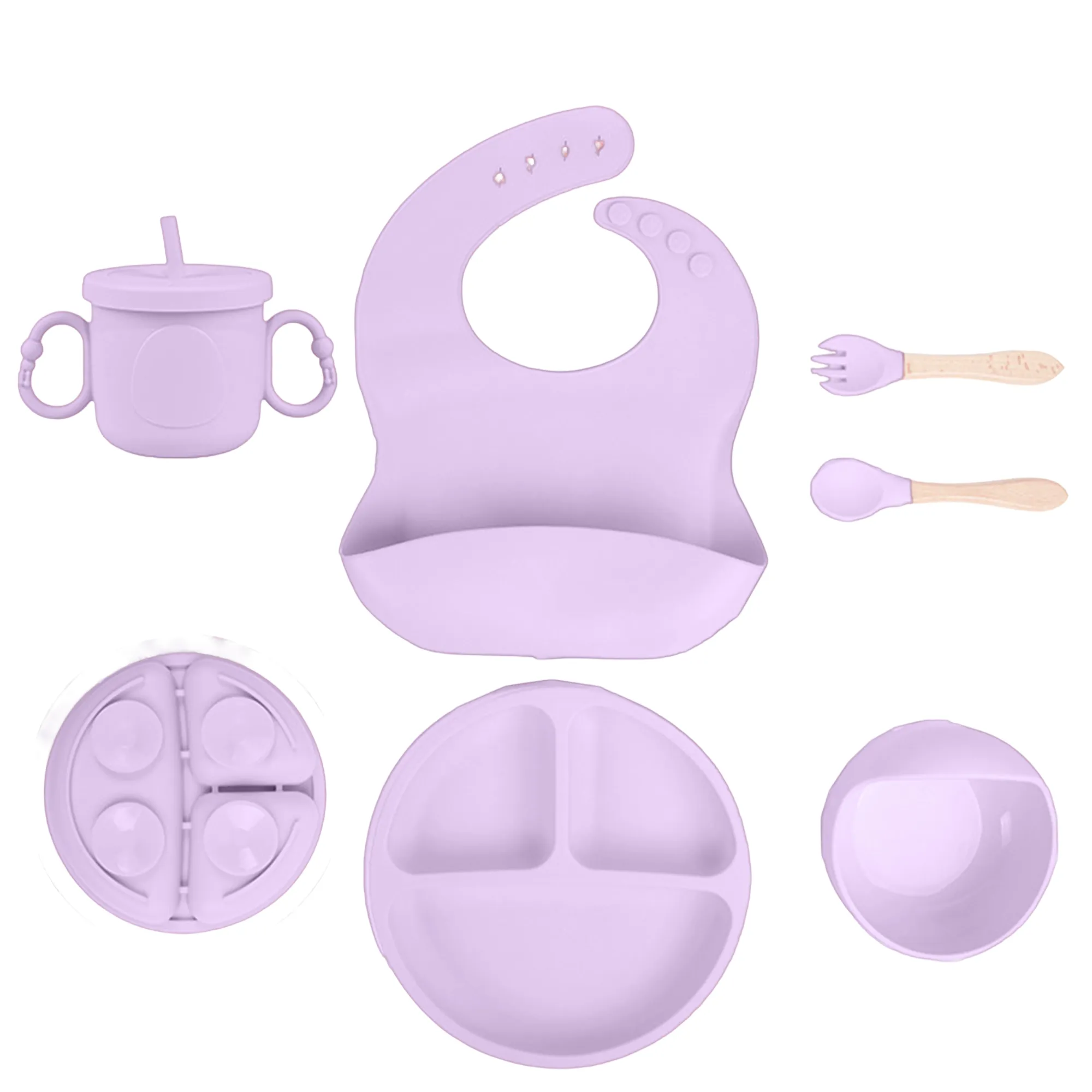 Babymoon Set of 6 | Silicone BPA Free Baby Kids Feeding Dinner Set Gift Box | Dinner Plate | Spoon & Fork | Silicone Bib | Cup | Bowl | Purple