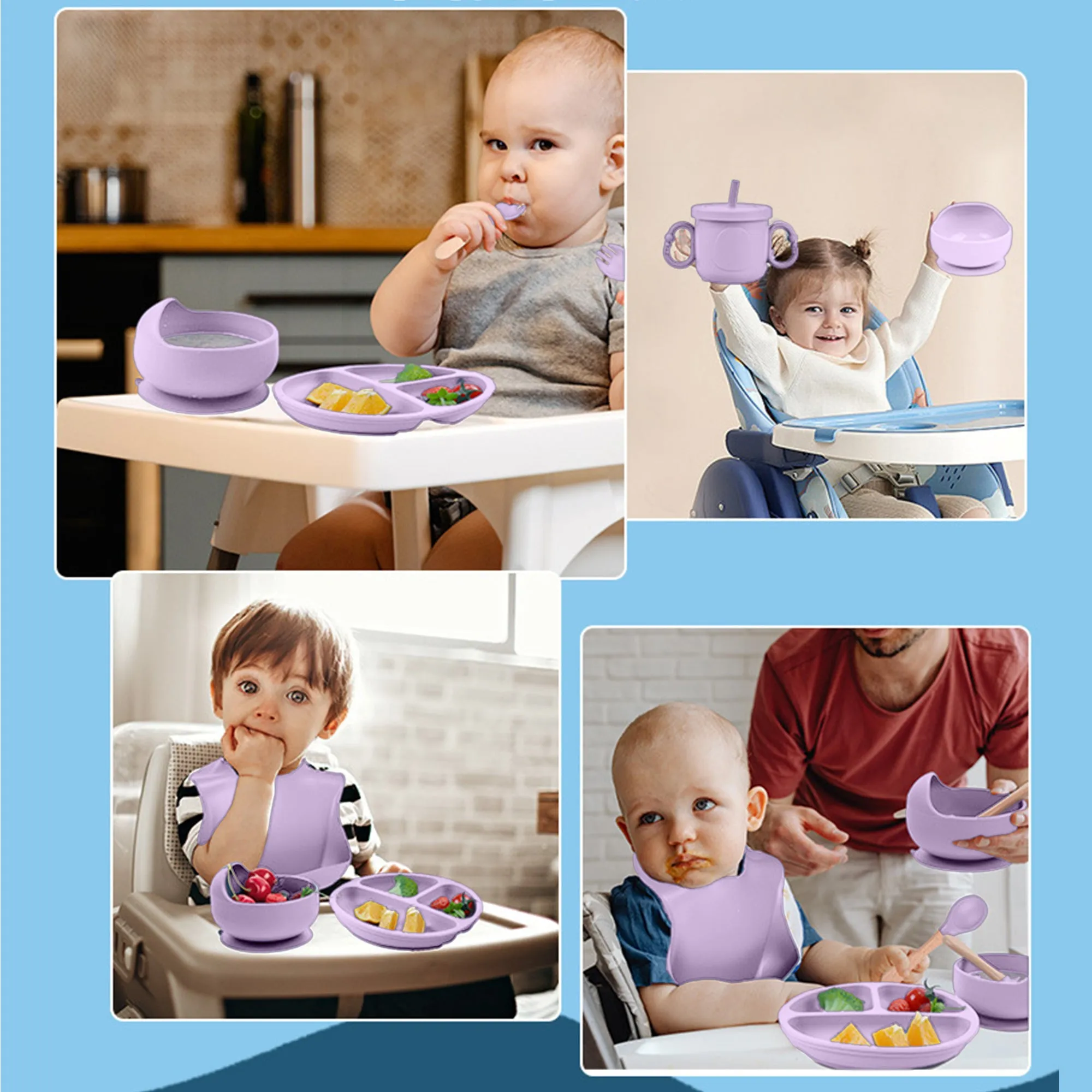 Babymoon Set of 6 | Silicone BPA Free Baby Kids Feeding Dinner Set Gift Box | Dinner Plate | Spoon & Fork | Silicone Bib | Cup | Bowl | Purple