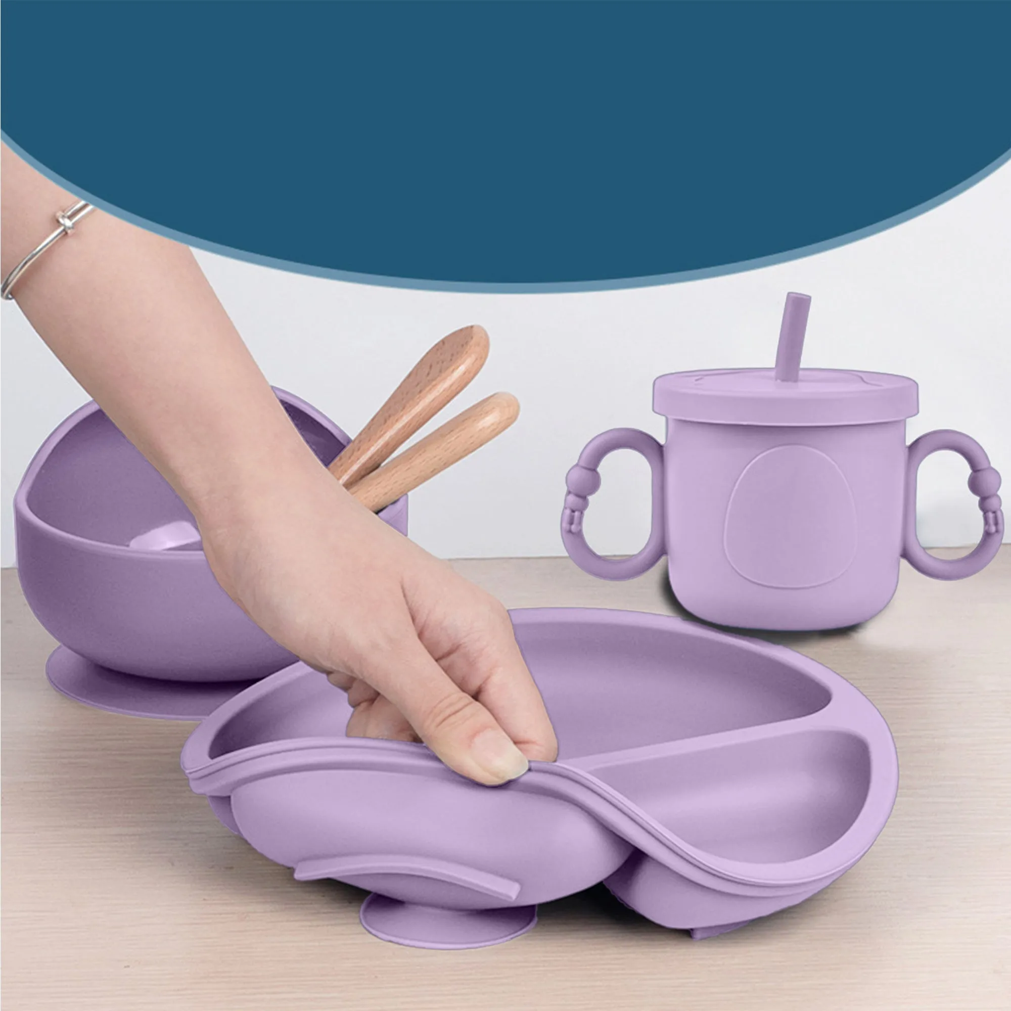 Babymoon Set of 6 | Silicone BPA Free Baby Kids Feeding Dinner Set Gift Box | Dinner Plate | Spoon & Fork | Silicone Bib | Cup | Bowl | Purple