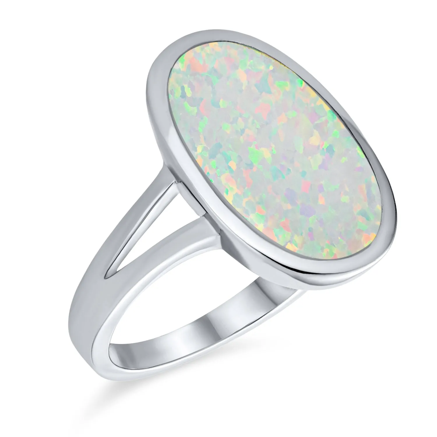 Big Oval Bezel Gemstone White Opal Statement Ring .925Sterling Silver