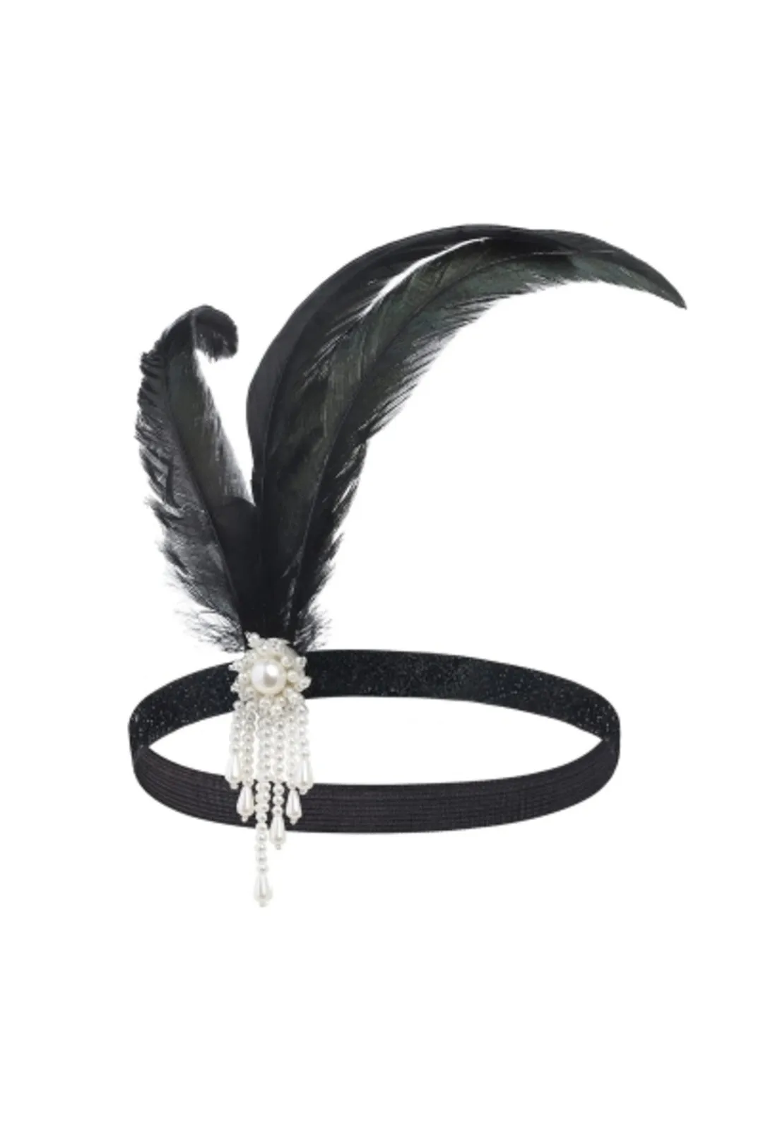 Black Feather & White Bead Gatsby Headband