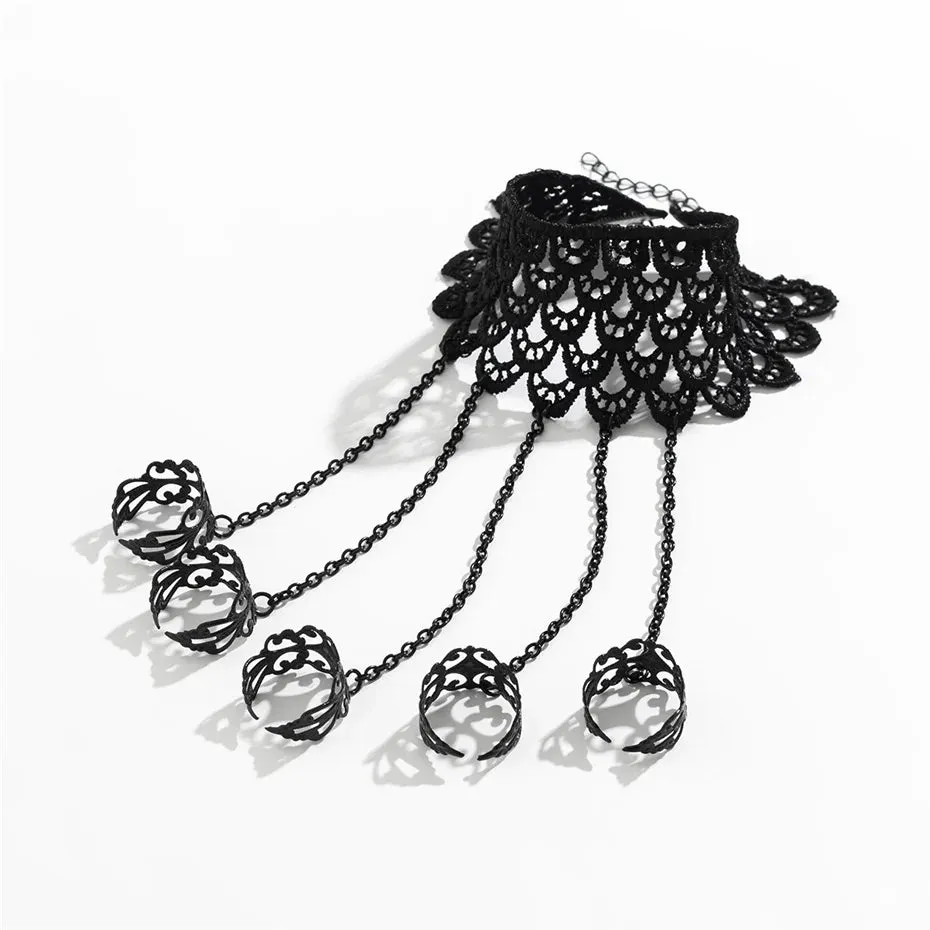 Black Lace Hand Jewellery Finger Wrist Chain Rings Bracelets