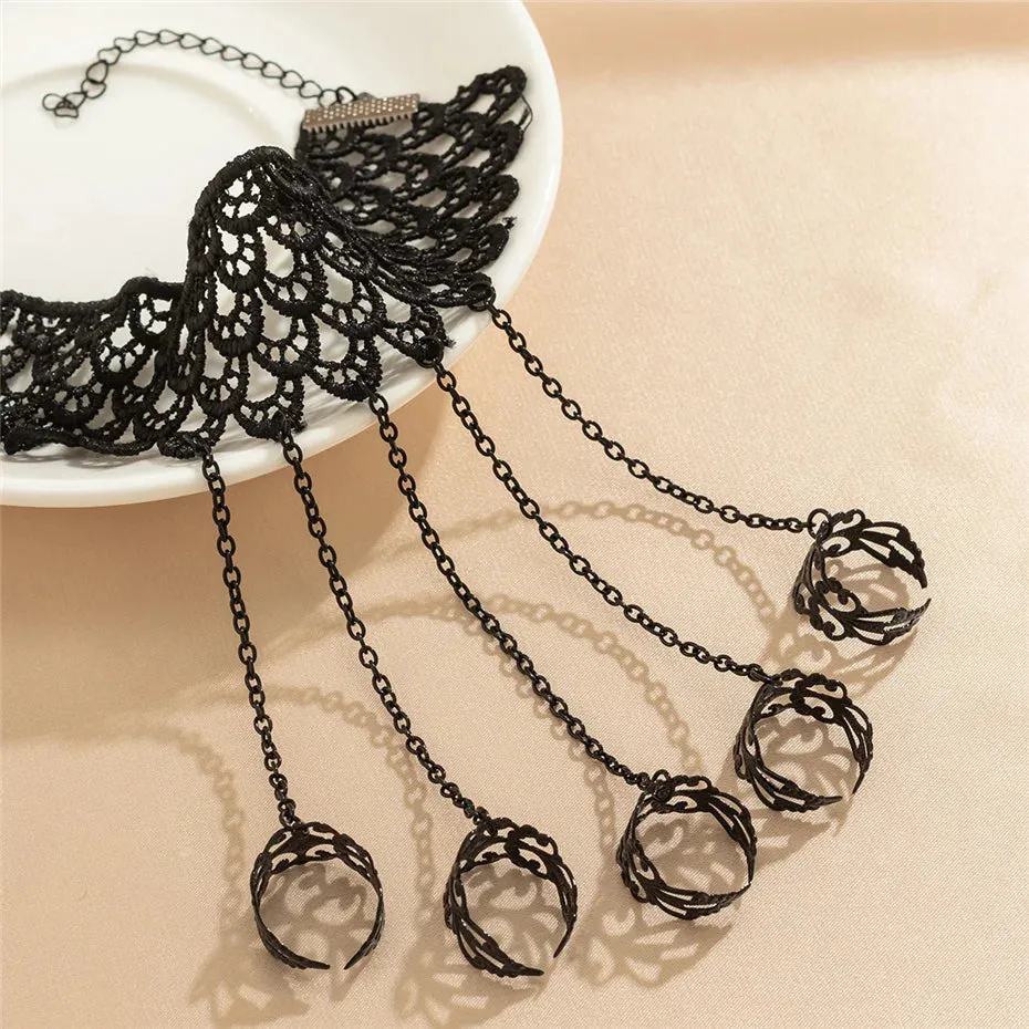 Black Lace Hand Jewellery Finger Wrist Chain Rings Bracelets