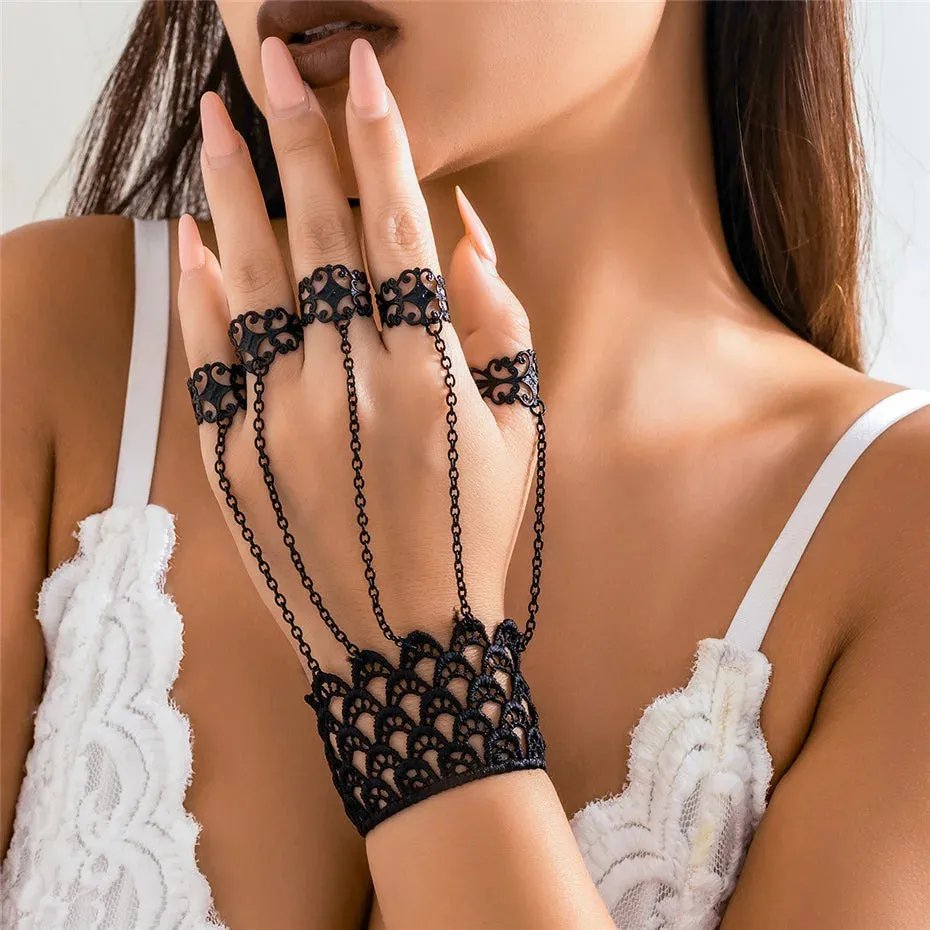 Black Lace Hand Jewellery Finger Wrist Chain Rings Bracelets