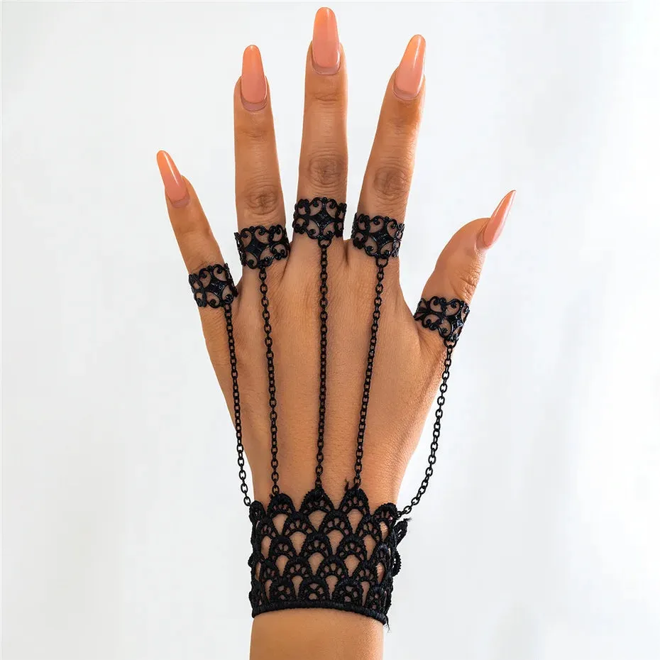 Black Lace Hand Jewellery Finger Wrist Chain Rings Bracelets