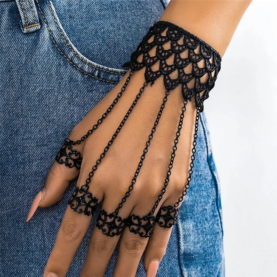 Black Lace Hand Jewellery Finger Wrist Chain Rings Bracelets