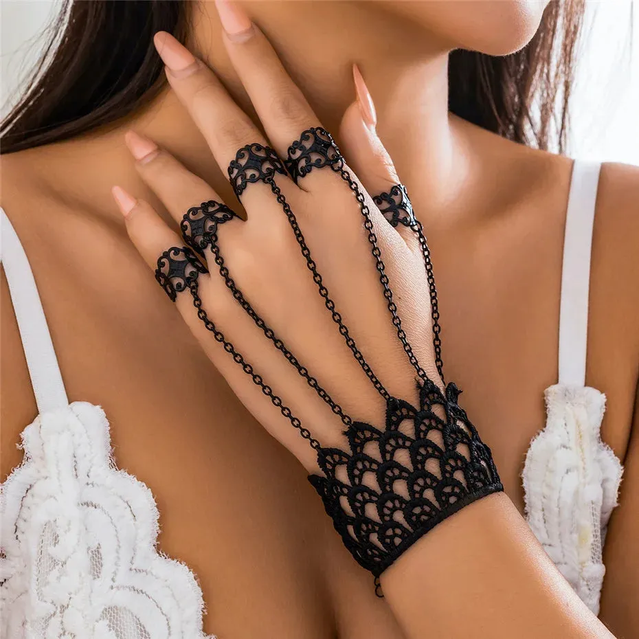 Black Lace Hand Jewellery Finger Wrist Chain Rings Bracelets