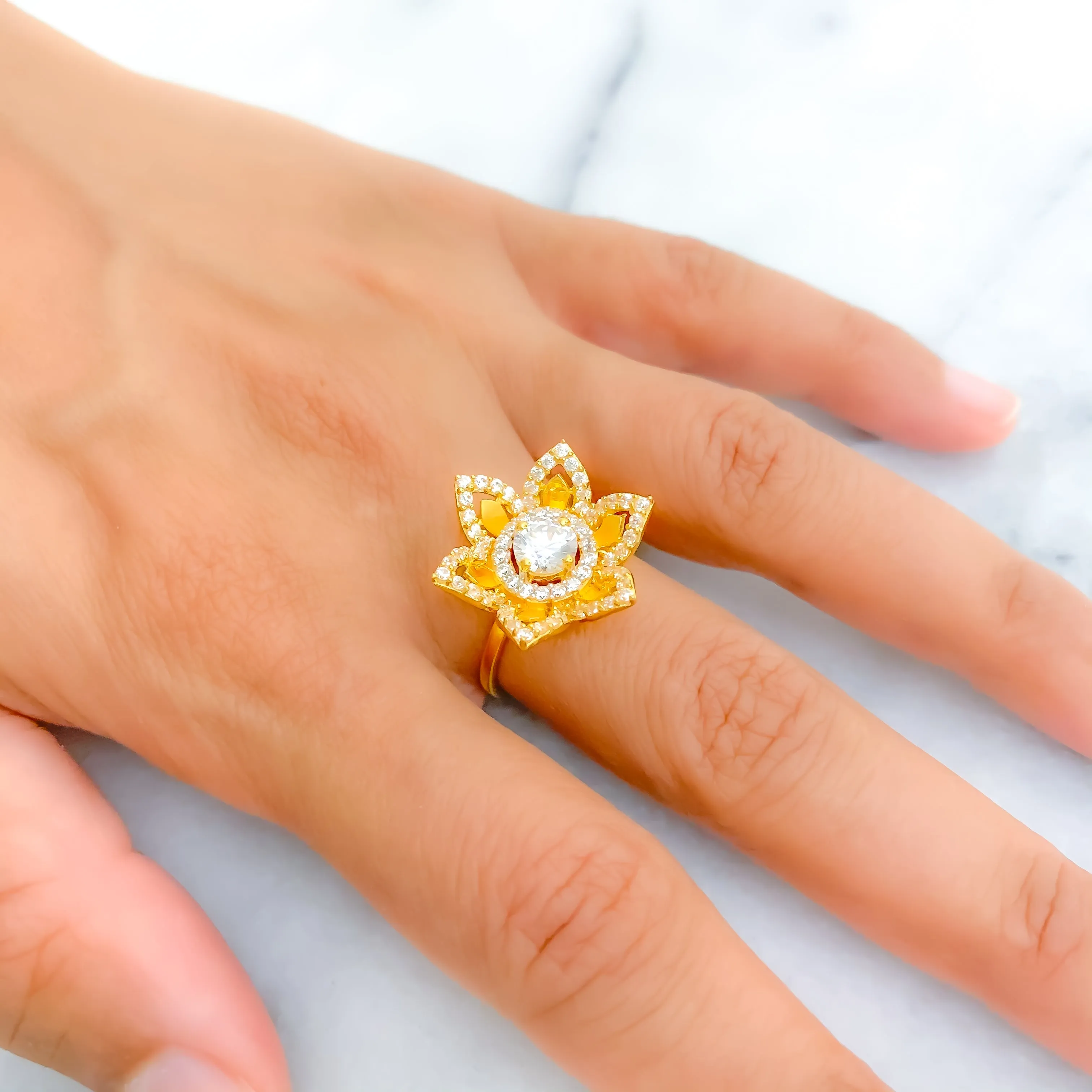 Blooming Flower 22k Gold CZ Statement Ring