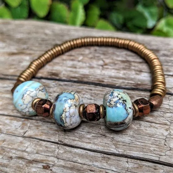 Blue Agate Gemstone & Antique Copper Elastic Bracelet