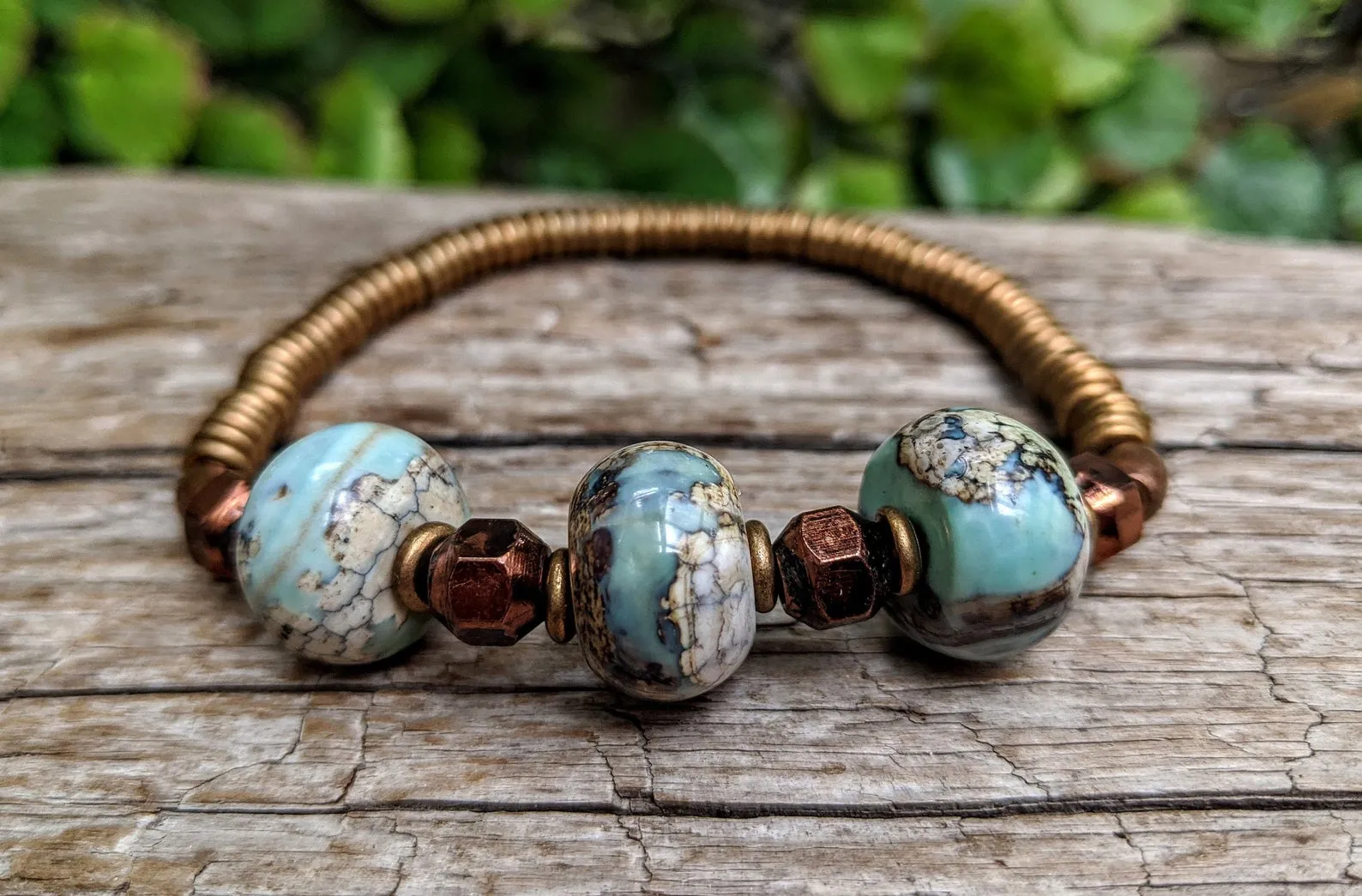 Blue Agate Gemstone & Antique Copper Elastic Bracelet