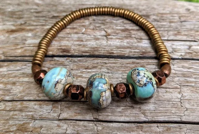 Blue Agate Gemstone & Antique Copper Elastic Bracelet