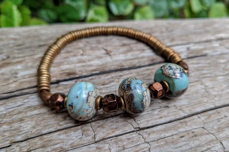 Blue Agate Gemstone & Antique Copper Elastic Bracelet