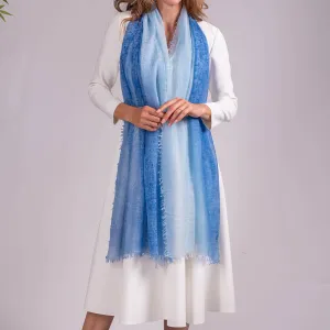 Blue Diaphanous Cashmere Spray Print Wrap