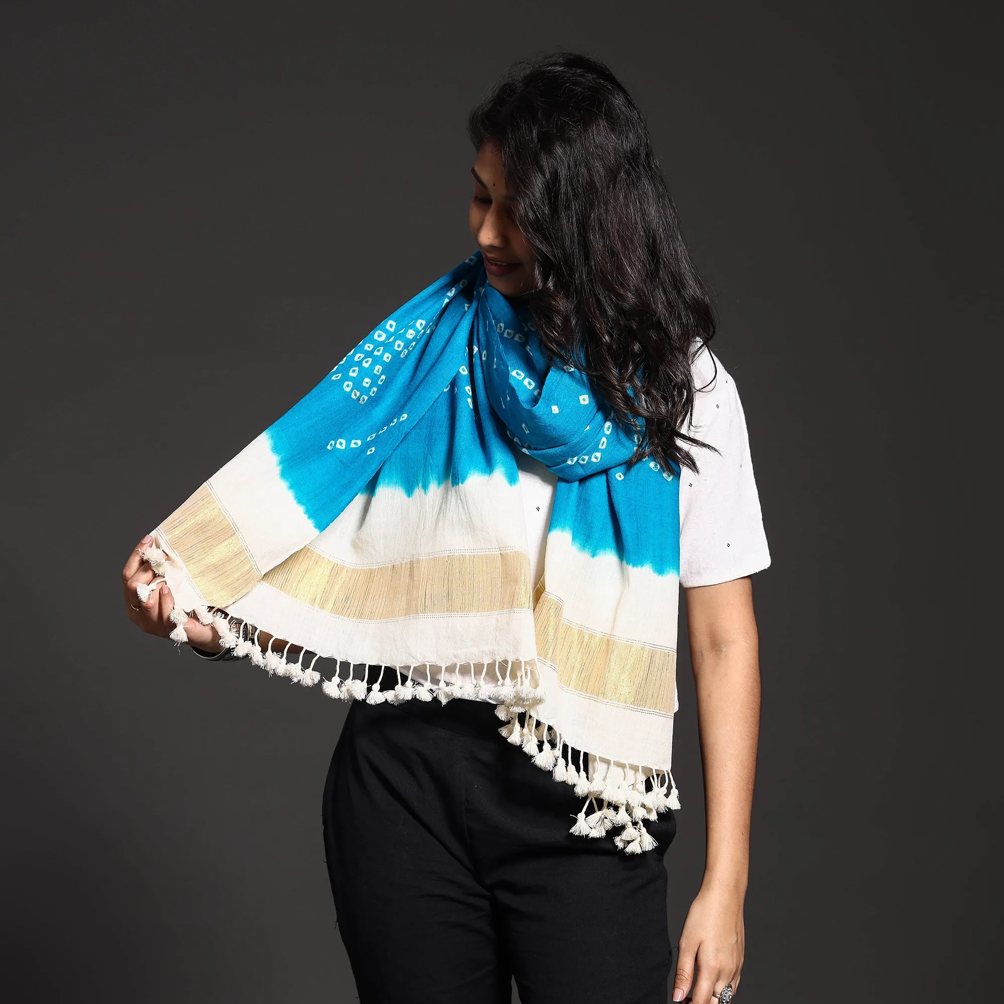 Blue - Kutch Handwoven Bandhani Tie-dye Pure Merino Wool Stole with Zari Border