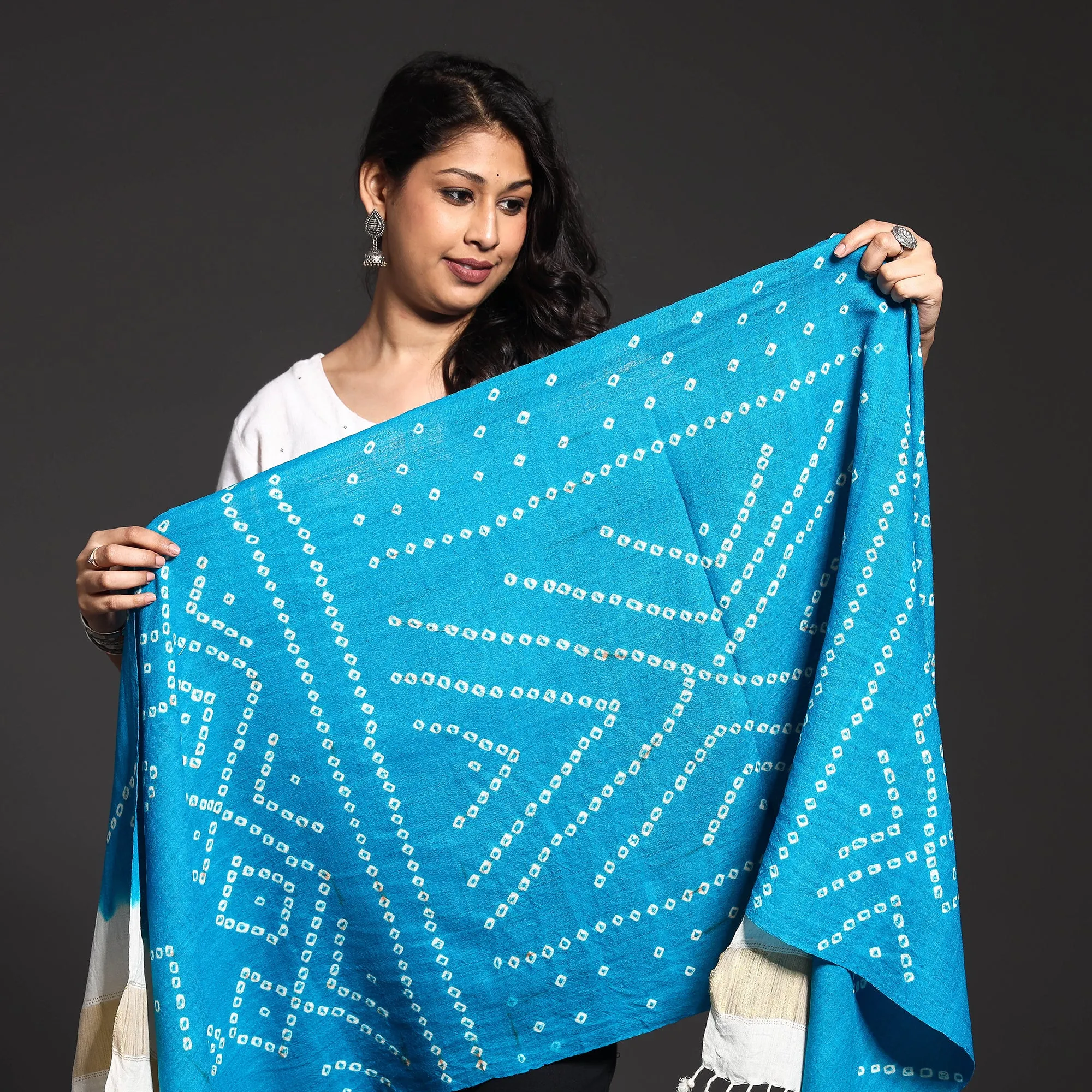 Blue - Kutch Handwoven Bandhani Tie-dye Pure Merino Wool Stole with Zari Border