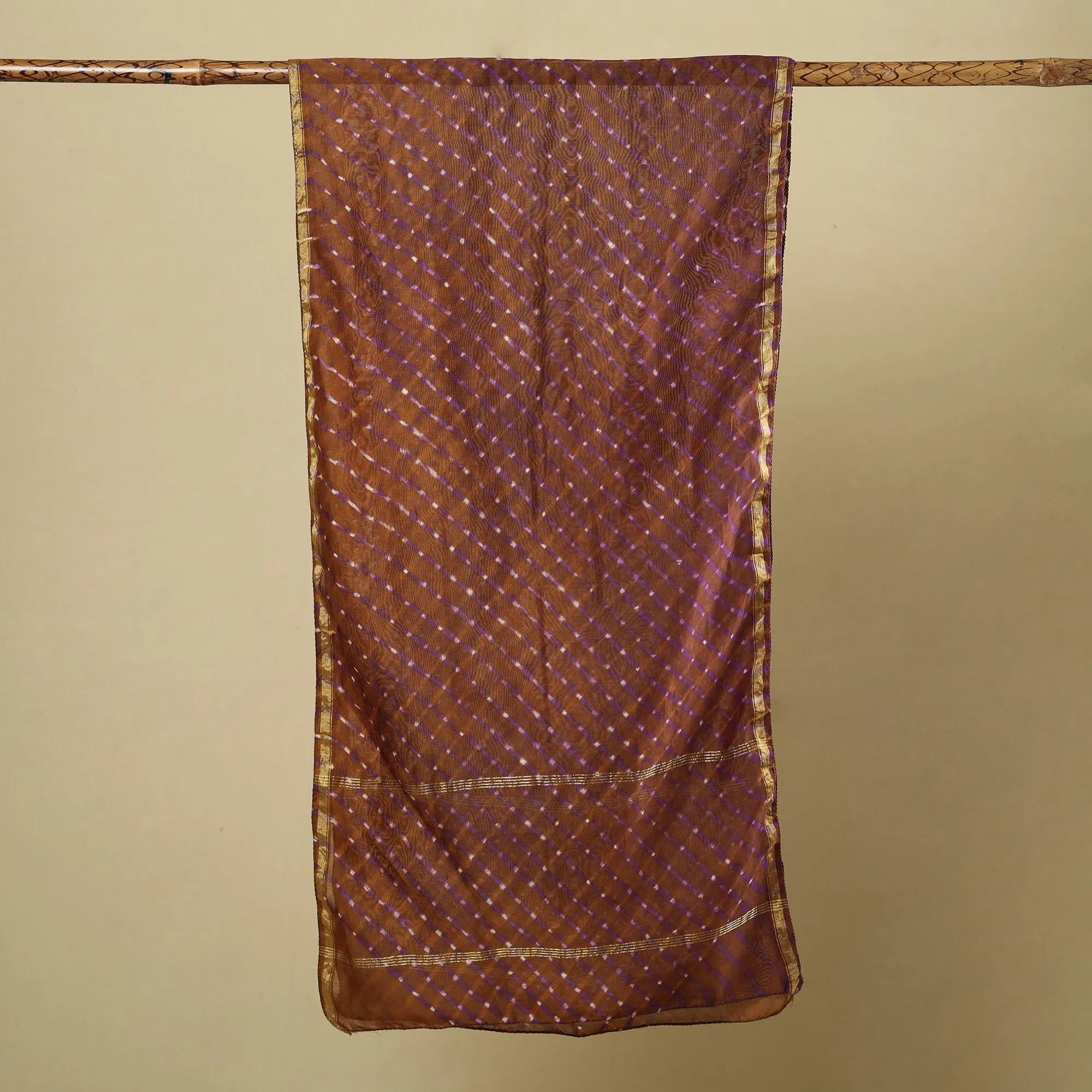 Brown - Leheriya Tie-Dye Mothra Chanderi Silk Handloom Stole with Zari Border 16