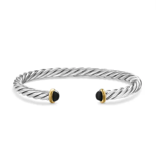 Cable Cuff Bracelet in Sterling Silver with 14K Yellow Gold and Black Onyx, 6mm, Size Large