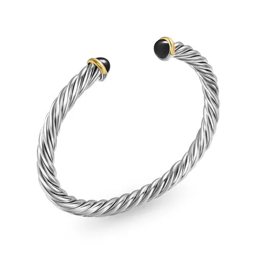 Cable Cuff Bracelet in Sterling Silver with 14K Yellow Gold and Black Onyx, 6mm, Size Large