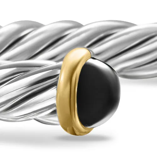 Cable Cuff Bracelet in Sterling Silver with 14K Yellow Gold and Black Onyx, 6mm, Size Large