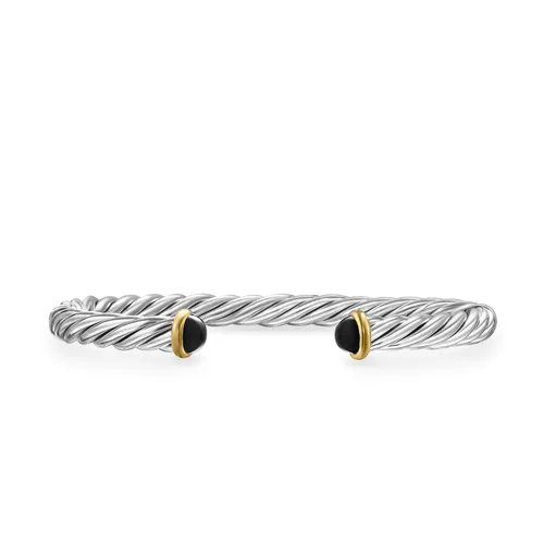 Cable Cuff Bracelet in Sterling Silver with 14K Yellow Gold and Black Onyx, 6mm, Size Large