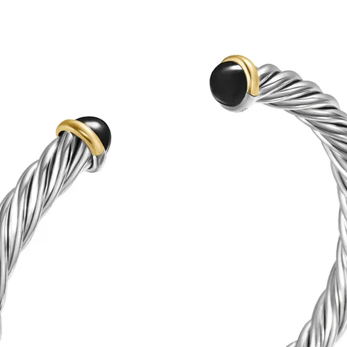 Cable Cuff Bracelet in Sterling Silver with 14K Yellow Gold and Black Onyx, 6mm, Size Large