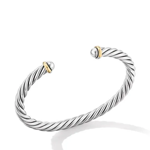 Cable Cuff Bracelet in Sterling Silver with 14K Yellow Gold, Size Medium