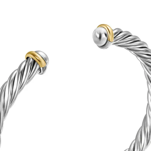 Cable Cuff Bracelet in Sterling Silver with 14K Yellow Gold, Size Medium