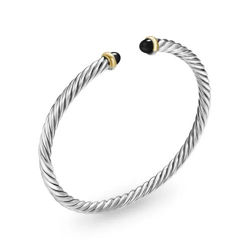 Cable Flex Bracelet in Sterling Silver with 14K Yellow Gold and Black Onyx, 4mm