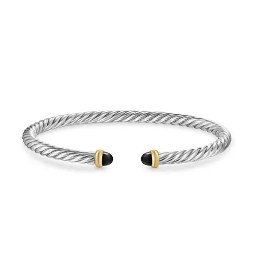 Cable Flex Bracelet in Sterling Silver with 14K Yellow Gold and Black Onyx, 4mm