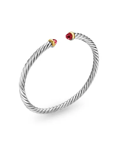 Cable Flex Bracelet in Sterling Silver with 14K Yellow Gold and Rhodolite Garnet, 4mm