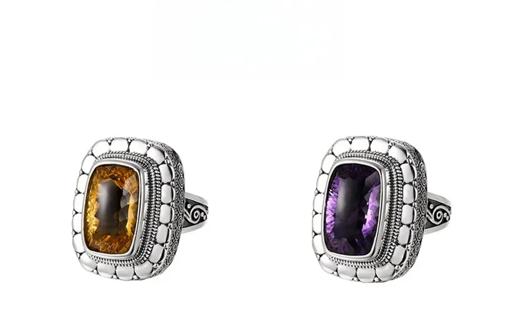 Circe's S925 Sterling Silver Rings Natural Amethyst Yellow Crystal