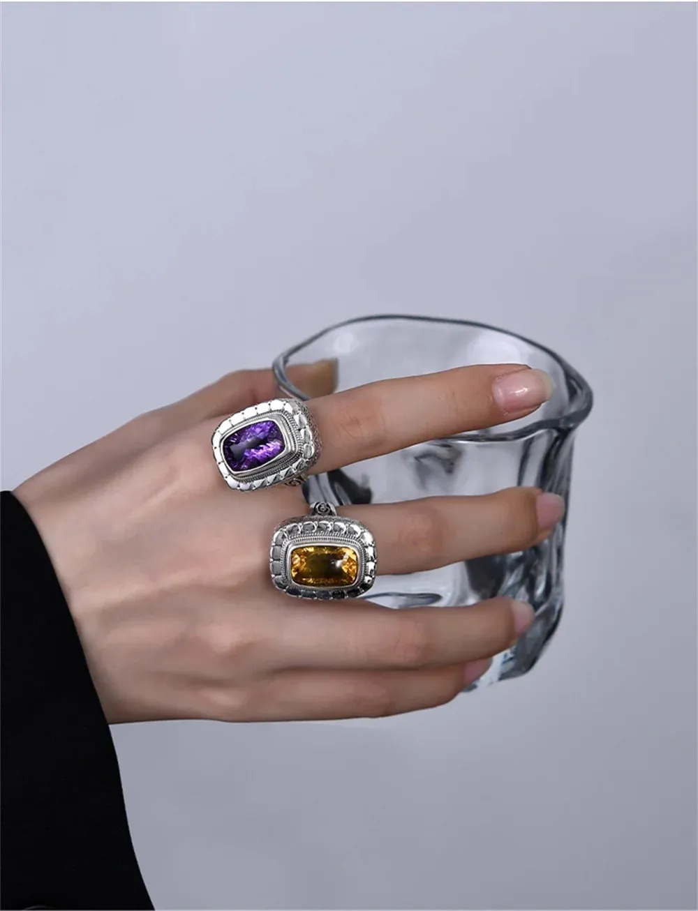 Circe's S925 Sterling Silver Rings Natural Amethyst Yellow Crystal