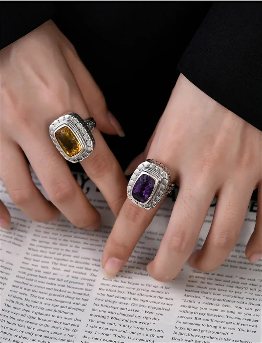 Circe's S925 Sterling Silver Rings Natural Amethyst Yellow Crystal