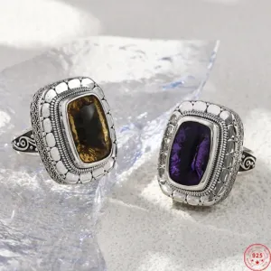 Circe's S925 Sterling Silver Rings Natural Amethyst Yellow Crystal