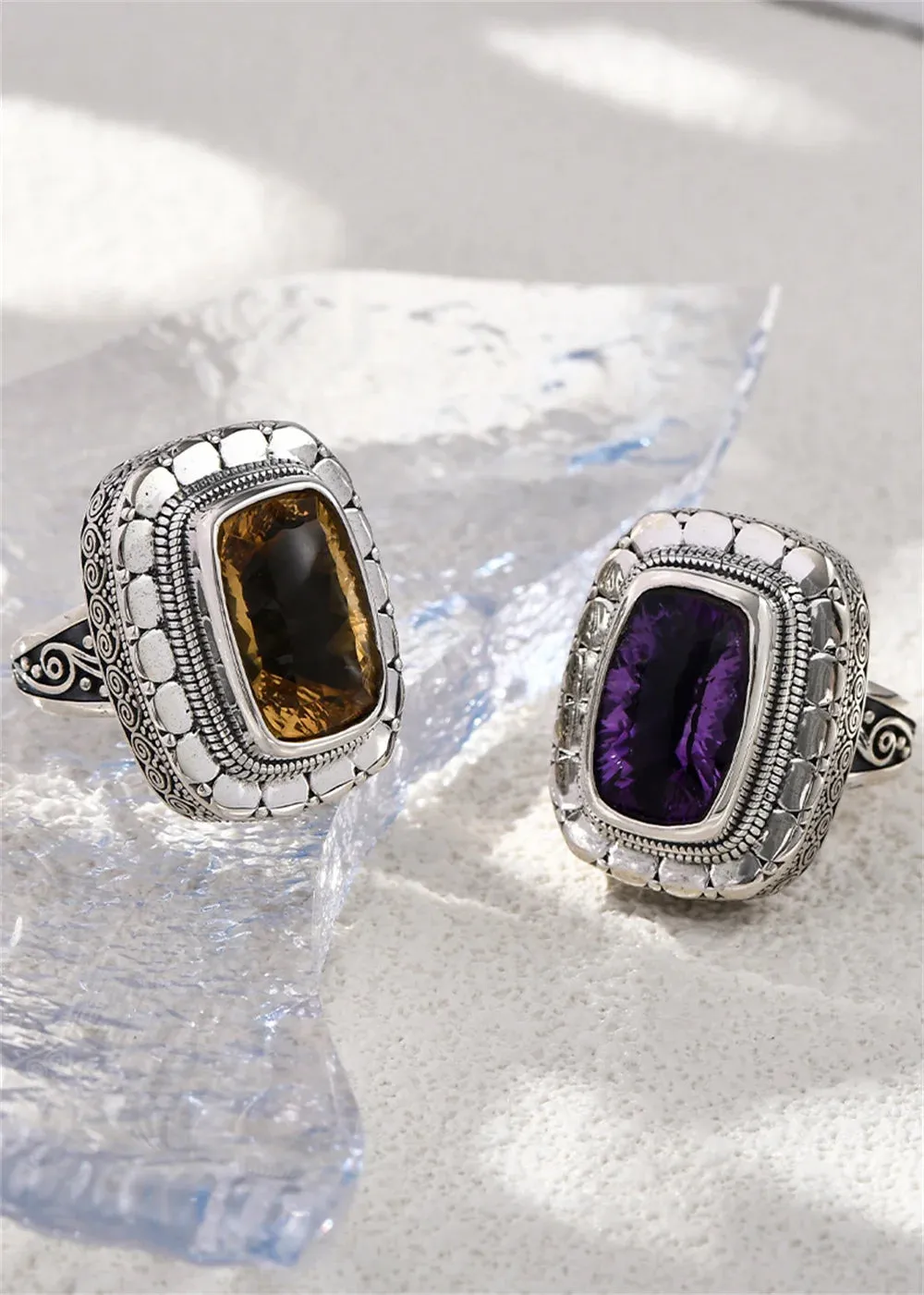 Circe's S925 Sterling Silver Rings Natural Amethyst Yellow Crystal