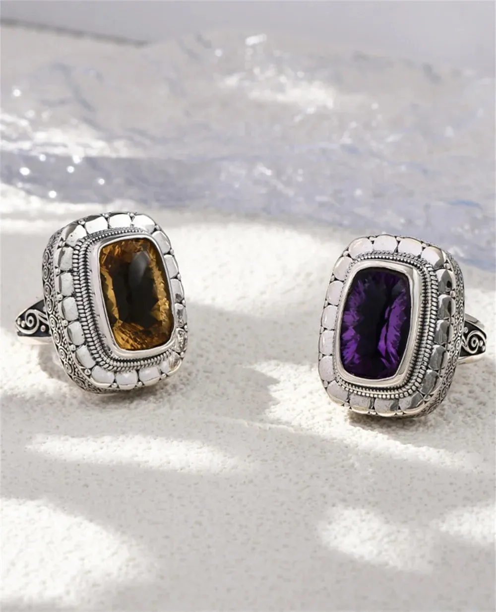 Circe's S925 Sterling Silver Rings Natural Amethyst Yellow Crystal