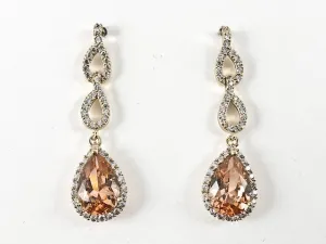 Classic Elegant Pear Shape Pattern Dangle Statement Citrine CZ Gold Tone Brass Earrings