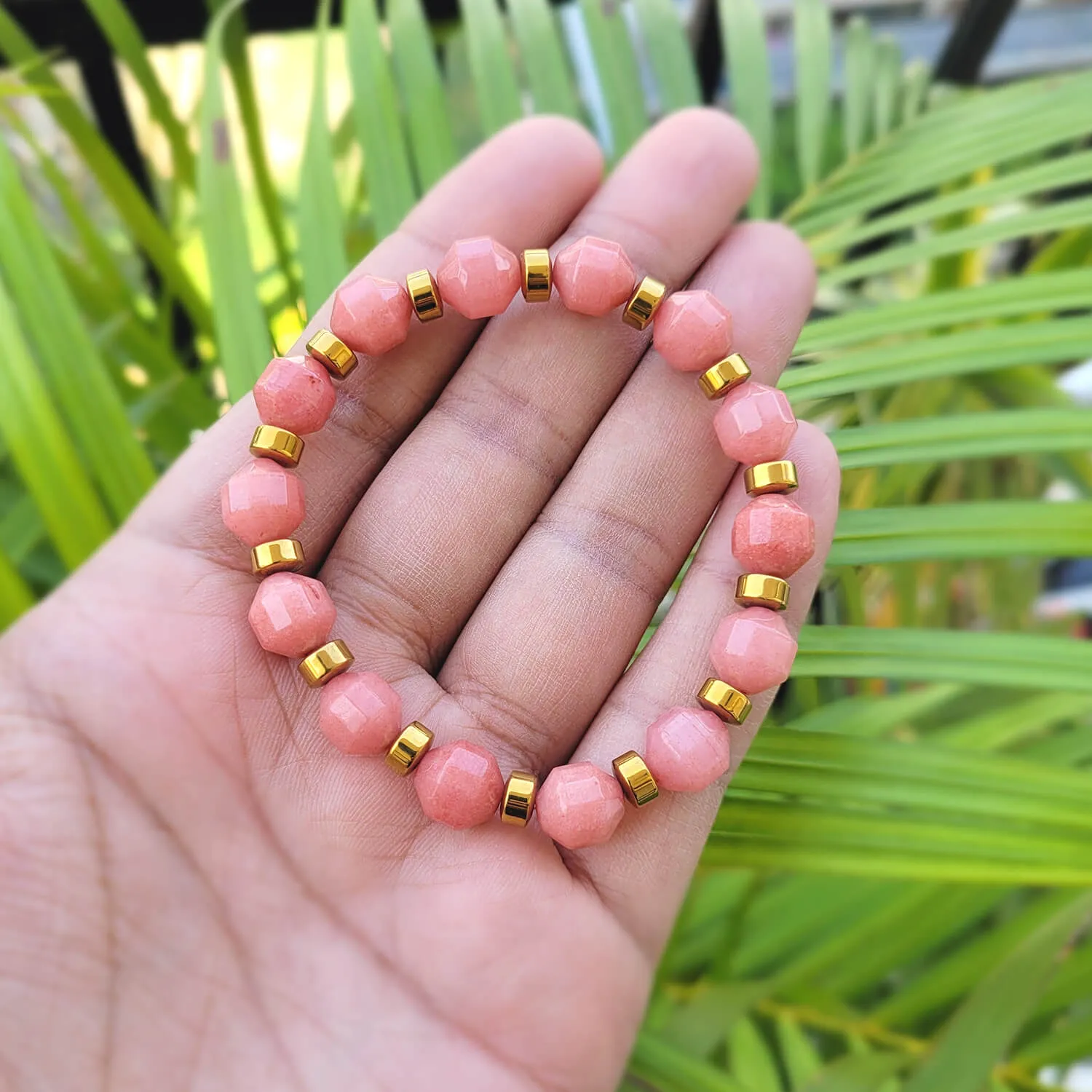 Diamond Cut Peach Moonstone With Golden Hematite Natural Stone Bracelet