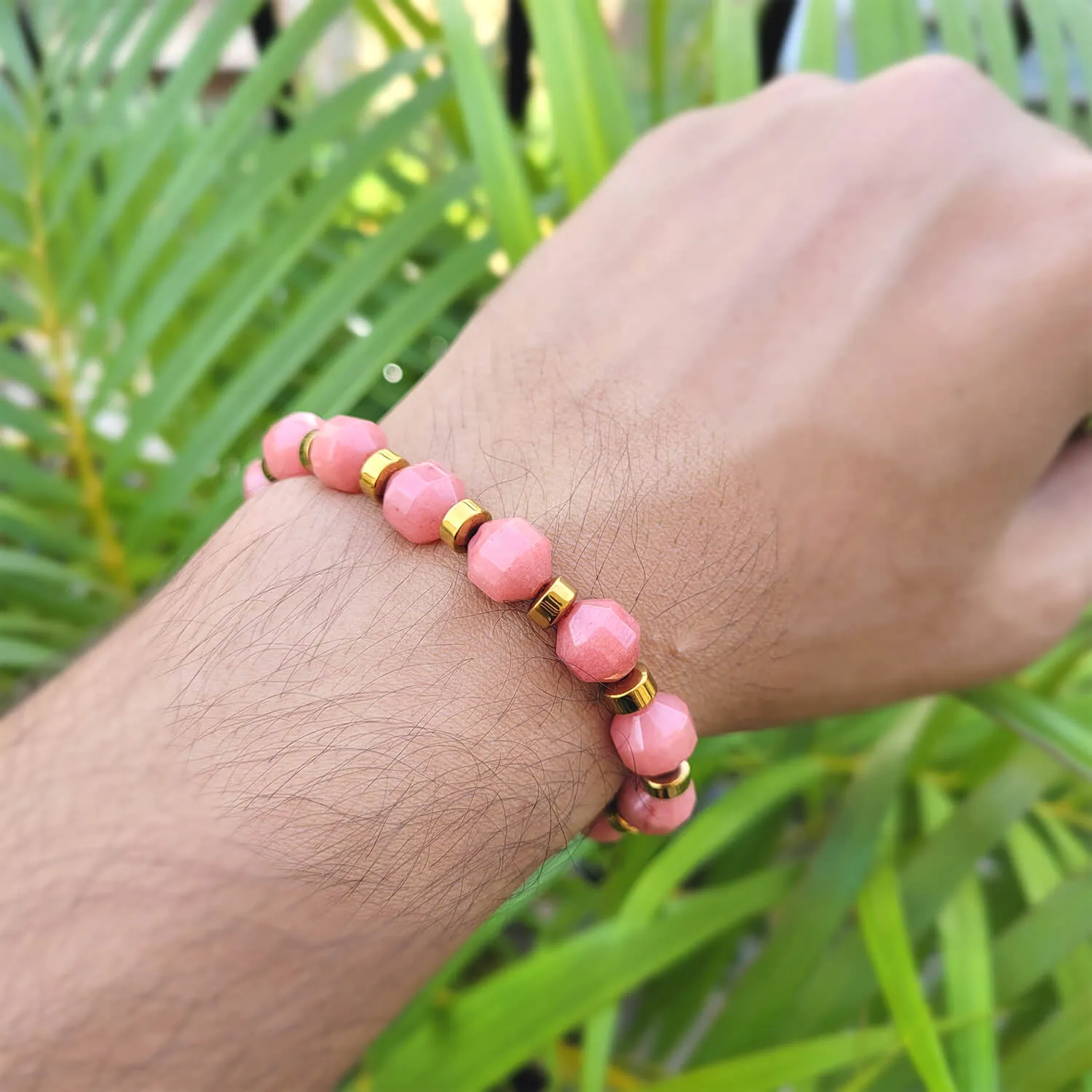 Diamond Cut Peach Moonstone With Golden Hematite Natural Stone Bracelet