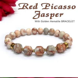 Diamond Cut Red Picasso Jasper With Golden Hematite Natural Stone Bracelet