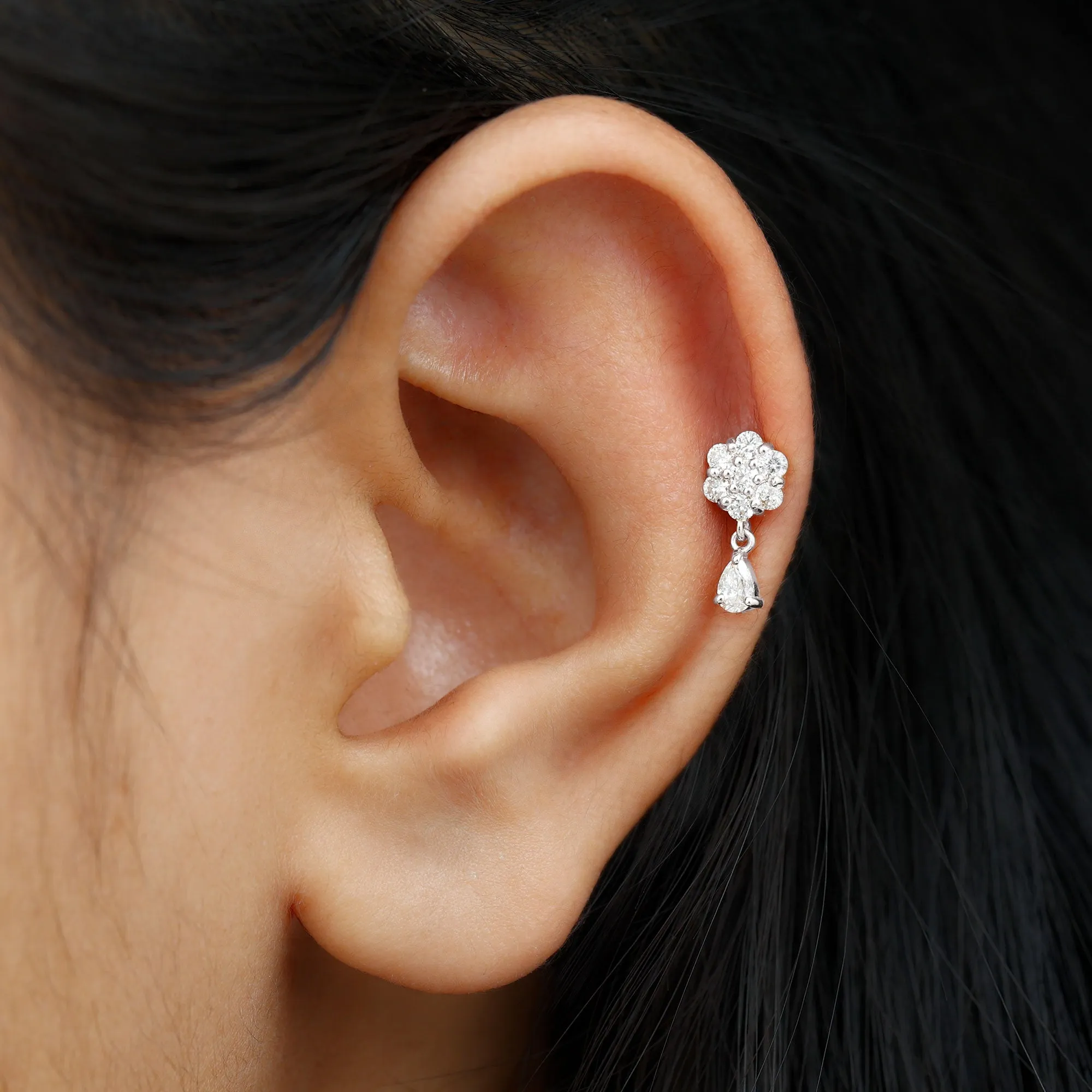 Elegant Diamond Flower Cartilage Drop Earring